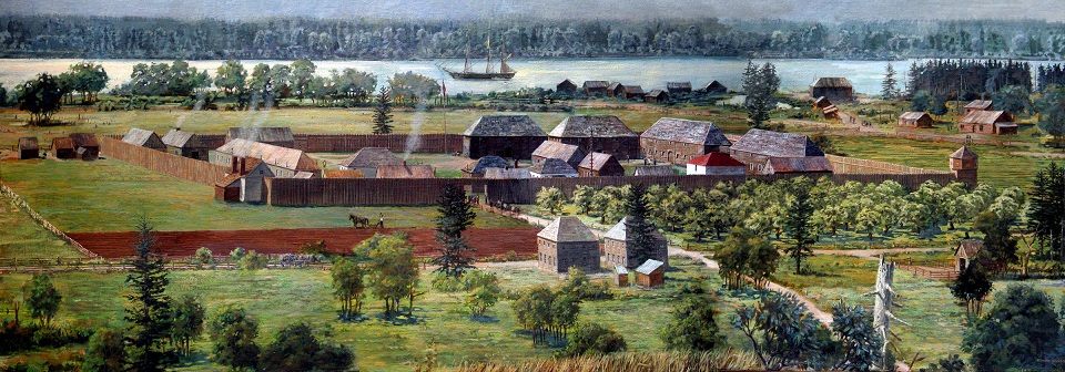 A painting showing Fort Vancouver as it appeared circa 1845. It shows the rectangular wooden stockade with many brick and wood buildings inside. Beyond the fort to the south is the Columbia River running from the right to left side of the image.