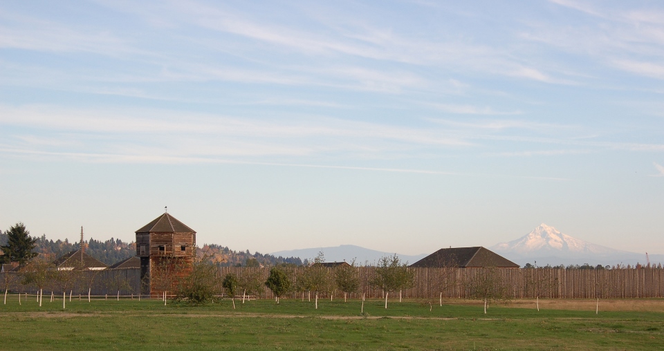 View of Fort Vancouver with Mount Hood in background