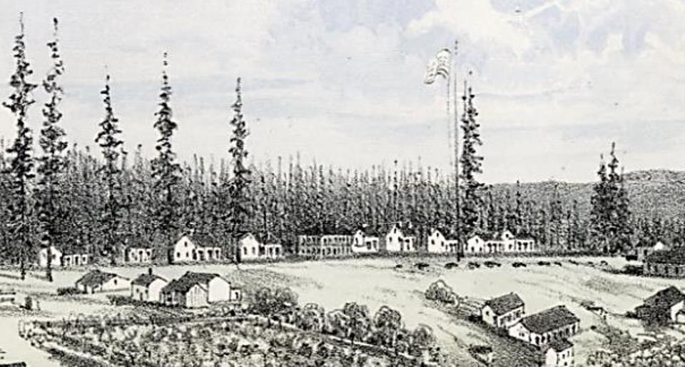 Historic image of flagstaff near Officers' Row