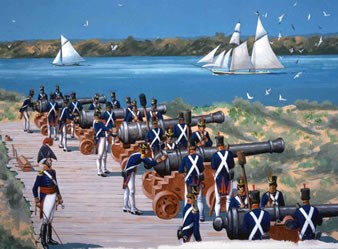 Color drawing of cannons along the river