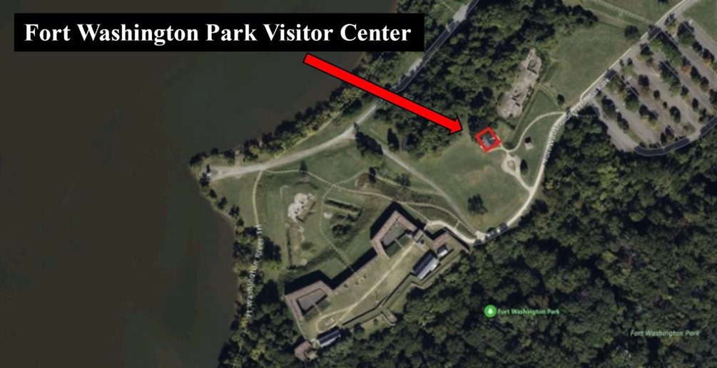 Fort Washington Visitor Center a birds eye view of Fort Washington Park with the Visitor Center highlighted