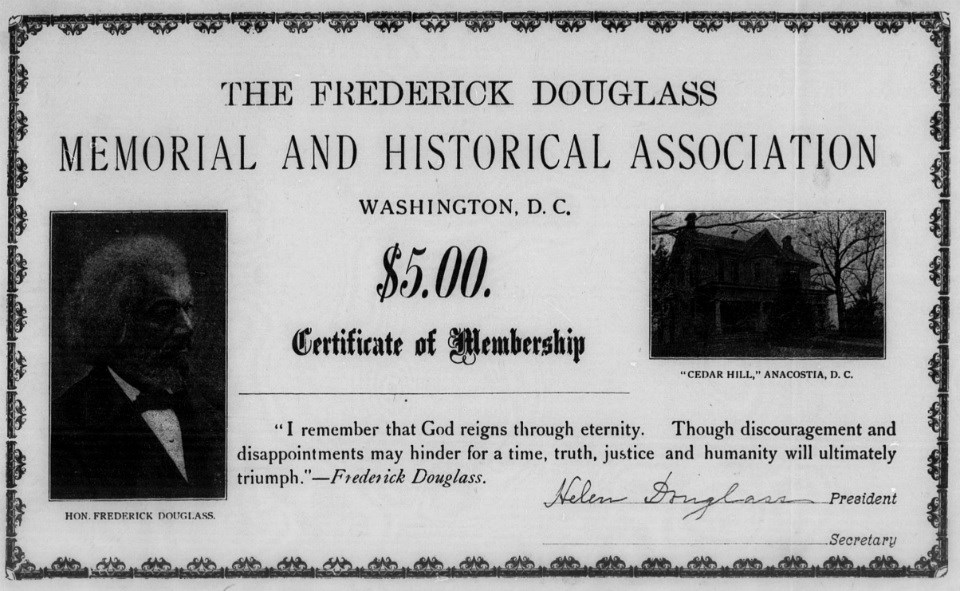 An early 1900s certificate for membership in the Frederick Douglass Memorial and Historical Association