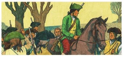 A man riding a horse is surrounded by men with muskets