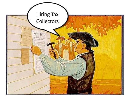 A man hanging a notice up saying "Hiring Tax Collectors"