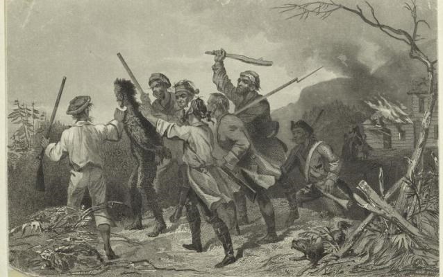 Tarring and feathering the tax collector A group of men with muskets have tarred and feathered the tax collector.