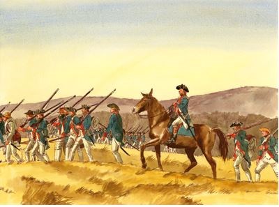 An officer is riding a horse while the army marches beside him