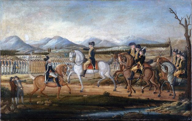 Washington Reviewing the Troops at Fort Cumberland President Washington rides a white horse while he reviews lines of militia troops standing to the side.