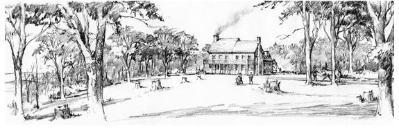 An illustration of Gallatin's two-story house on his farm Friendship Hill.