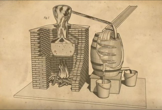 Illustration of the cross section of a still with the pot being heated on the left and the vapor cooling through coils on the right.