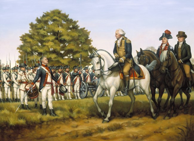 President Washington rides a white horse while he reviews lines of militia troops standing to the side.