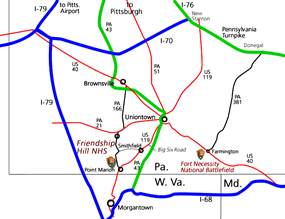 Map of southwestern Pennsylvania showing the location of Friendship Hill