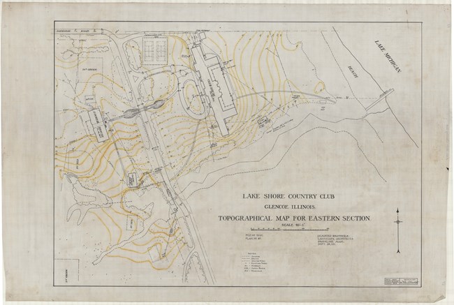 Drawing of plan for Lake Shore Country Club, with main road leading in, and others curving out to buildings. The plan also includes topographical lines