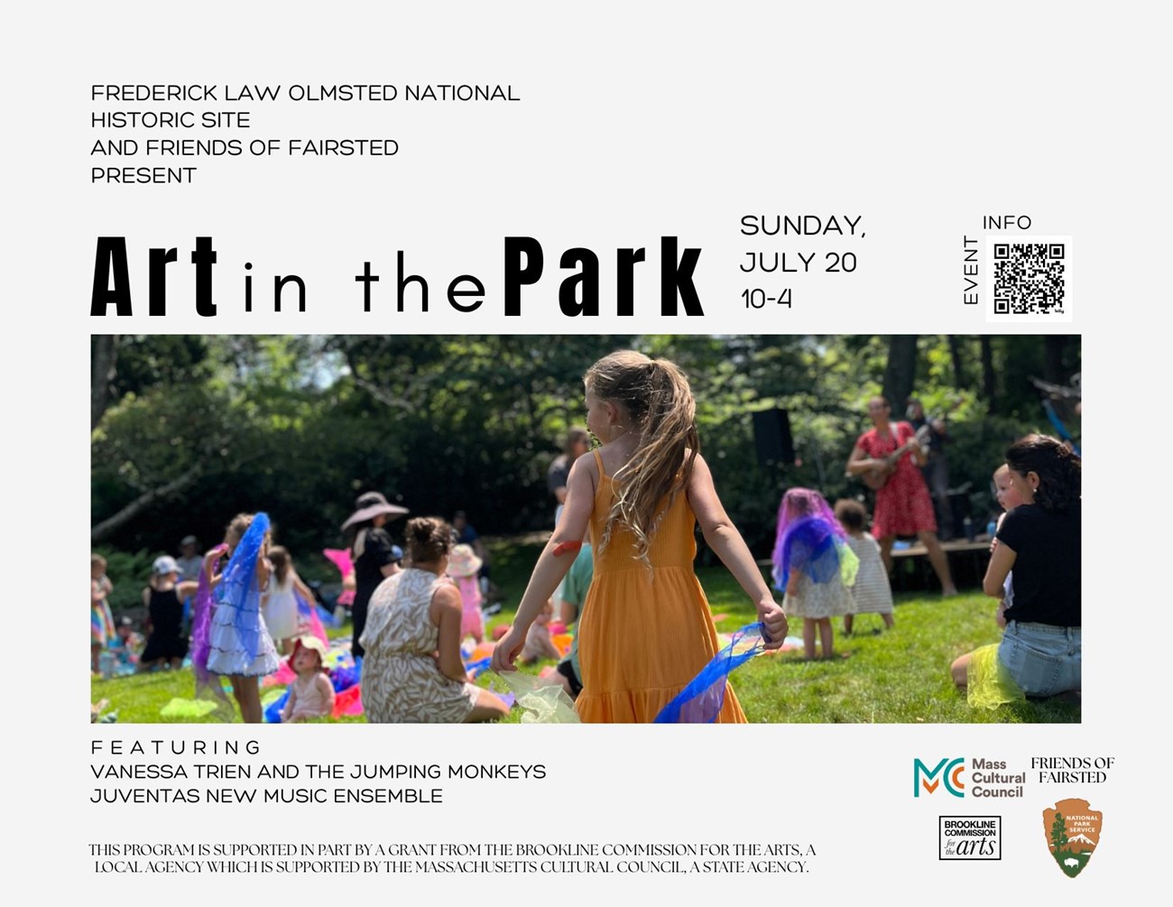 Graphic with children running around in a green space. "Art in the Park" is written above the image.