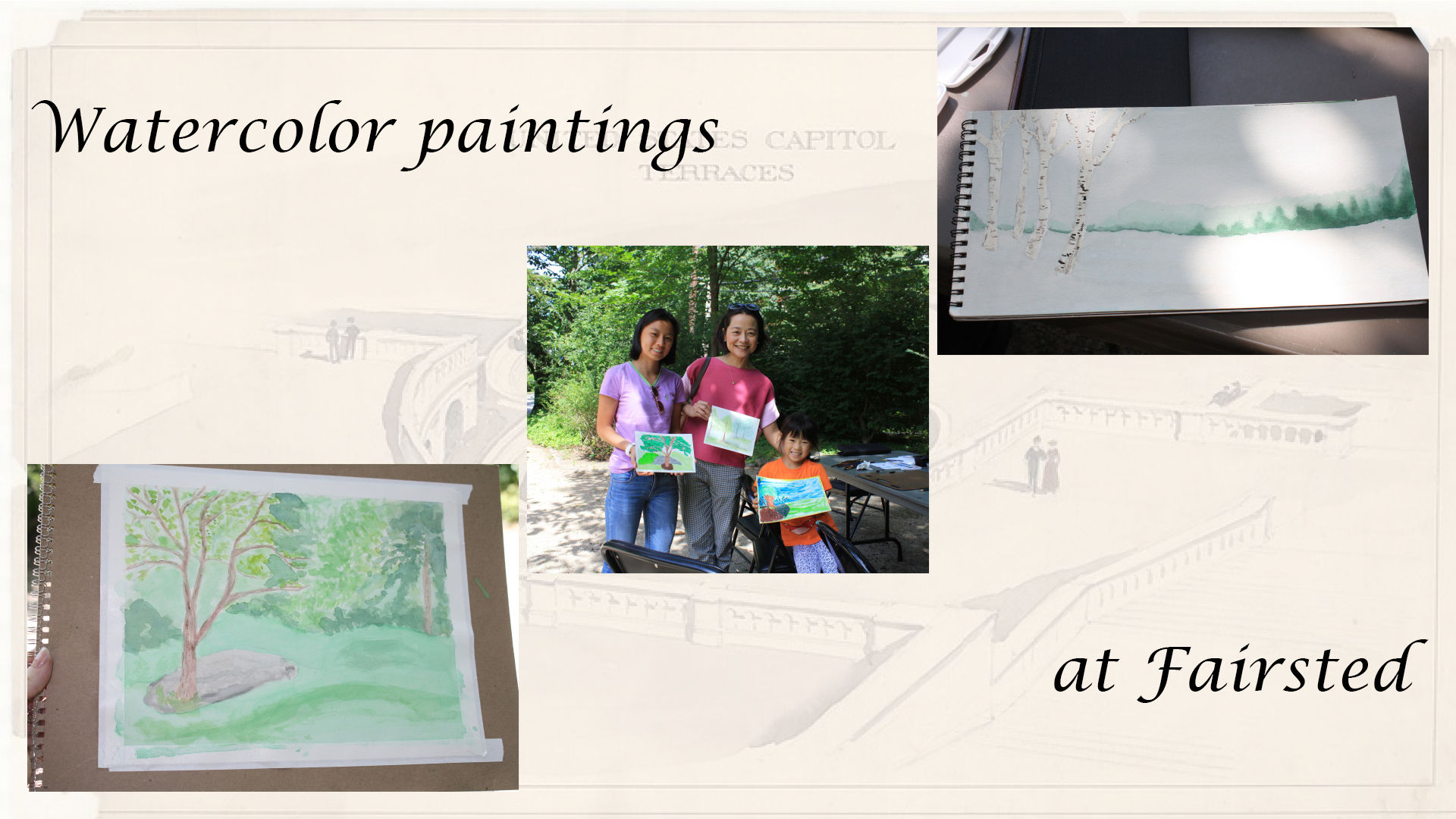 collage of watercolor paintings, modern and historic