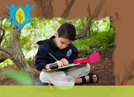 Good Neighbors participant sitting near a tree drawing a planting