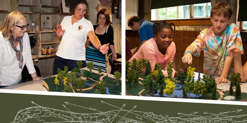 Collage of Good Neighbors Institute participants building a model park and Good Neighbors students also building a model park