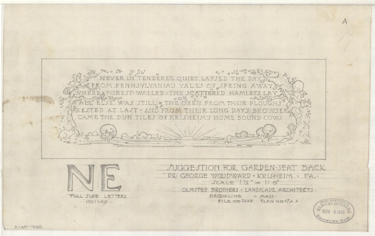 Plan of bench showing words surrounded by trees