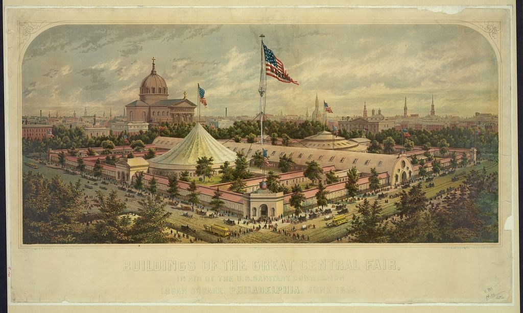 Buildings of the Great Central Fair, in aid of the U.S. Sanitary Commission, Logan Square, Philadelphia, June 1864 / drawn from nature & on stone by James Queen ; printed in oil colors by P.S. Duval & Son, Philad.