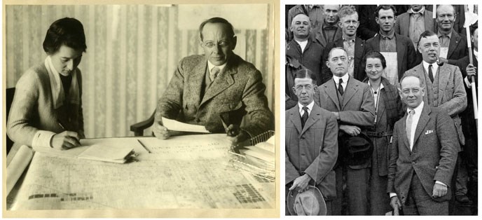 Stella Obst and Olmsted Jr at a desk and in a group