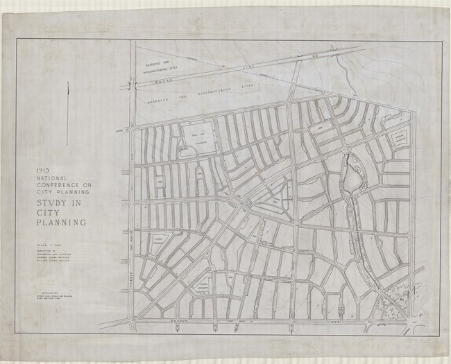 Pencil drawing of community with many roads, mostly straight lines with one body of water traveling down lined by trees.