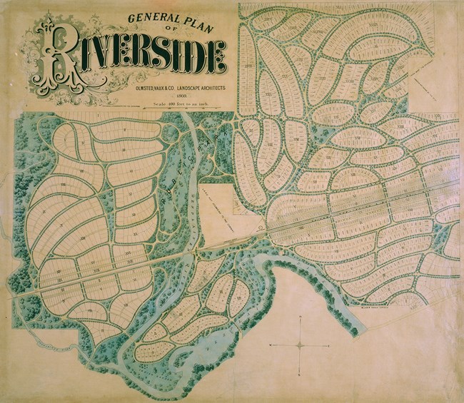 Plan of community with tree lined roads and lots for homes.