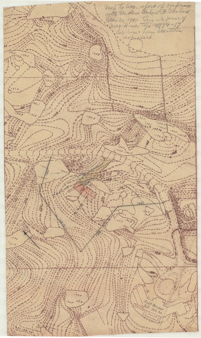 Pencil drawing of topographical map showing over a hundred topographical lines, proving this is a hilly area