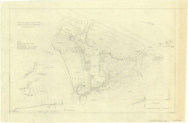 Pencil drawing of home estate on triangular site with two drives leading in, one ending in a circle, some buildings, and topographical lines.