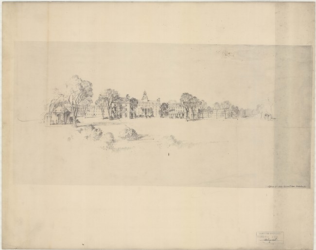 Pencil drawing of large estate with massive building and an open green space in front. The building has several large trees in front of it.
