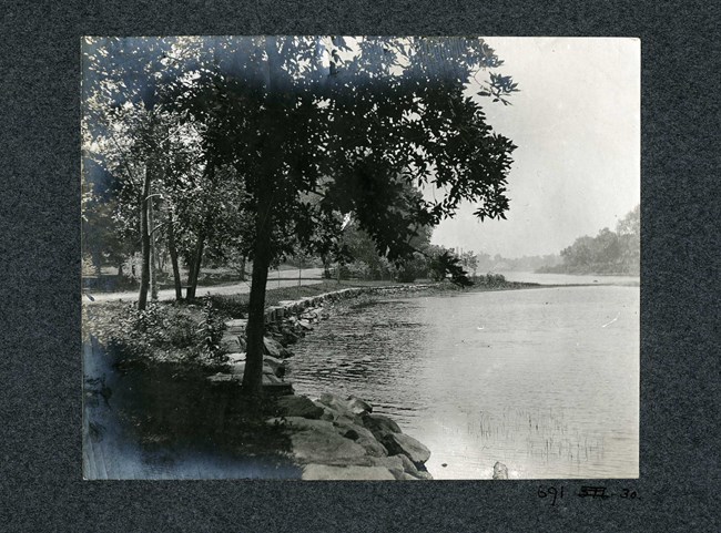 Black and white of edge of body of water along rocky edge with trees lining the water, and a dirt path by the water.