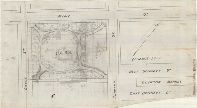 Pencil drawing of rectangular park with straight roads surrounding it with curving paths leading to each corner and an open circular space in the middle