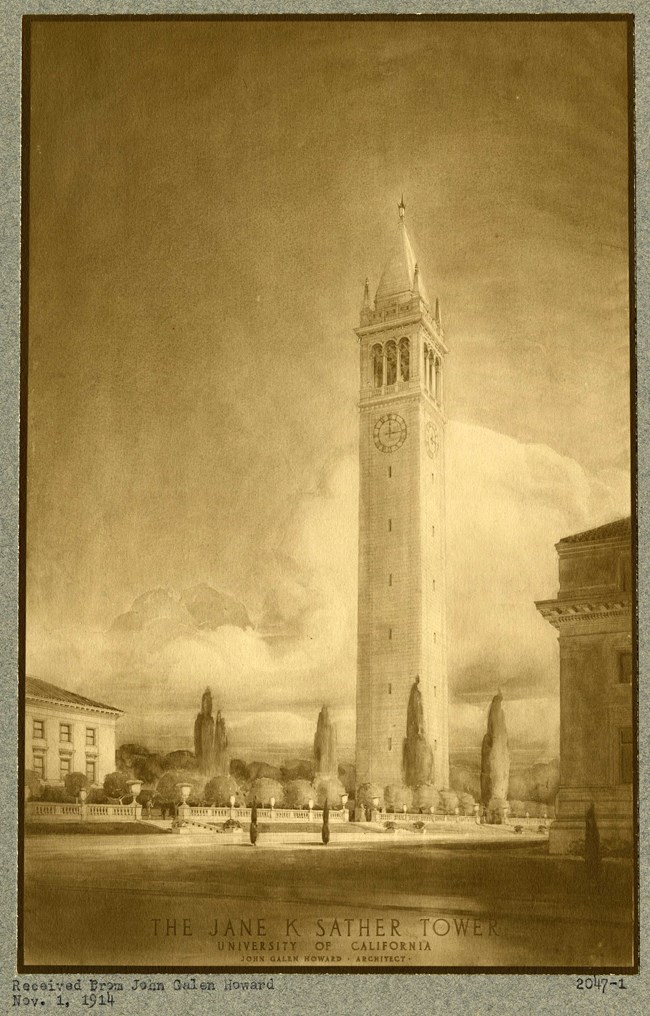 black and white sketch of large tower with a few trees and buildings in front.