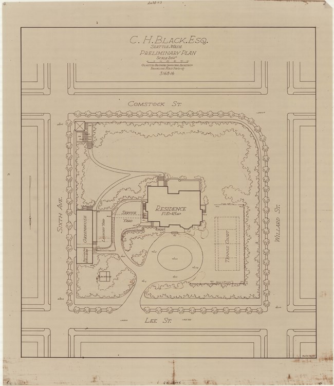 Pencil drawing of square estate enclosed by streets with the perimeter planted by trees with a circular drive, tennis court, and open lawn in the back.