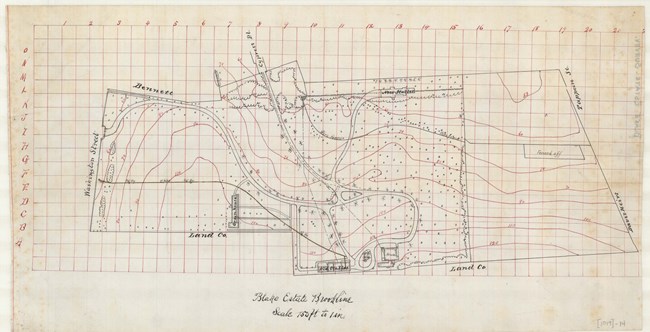 Pencil sketch of Blake estate, with topographical lines, roads, and x's marking trees
