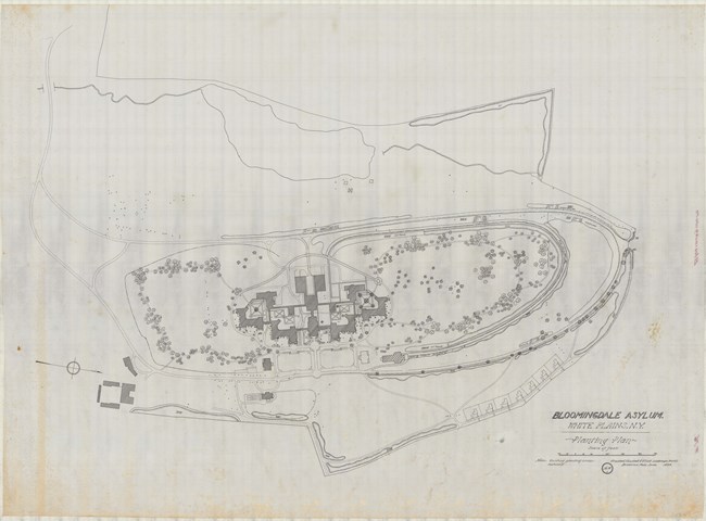 Pencil drawing of large circular road with trees along the edges and a large symmetrical building in the center.