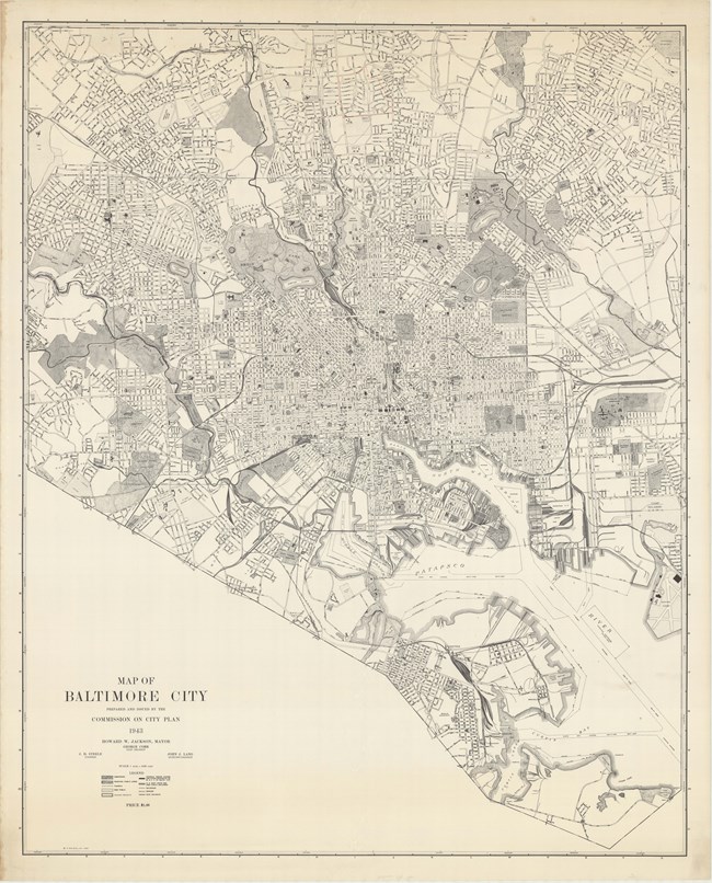 Drawing of Baltimore city plan, with major roads thicker than smaller