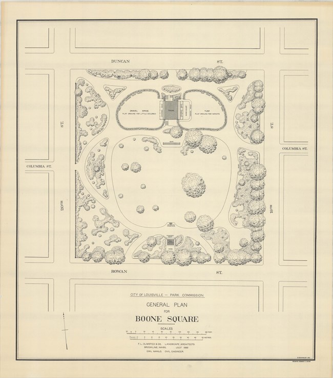 Pencil drawing of square park enclosed by city streets with curving roads and lots of trees around the edges, with a more open space in the middle