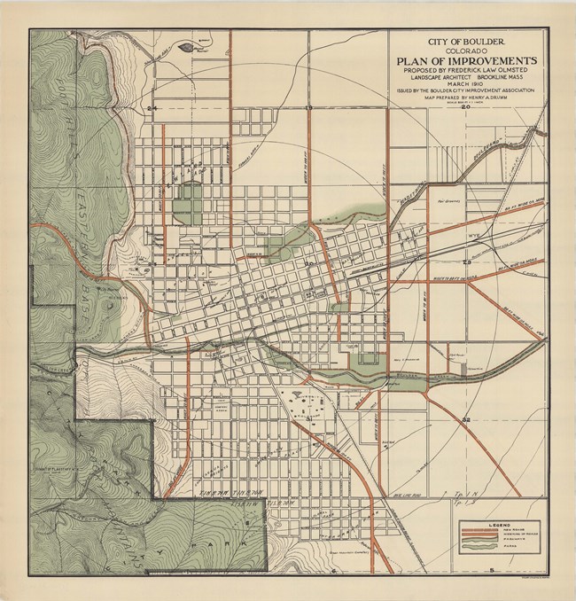 Map of boulder Colorado, with street lines straight like a grid and some green space