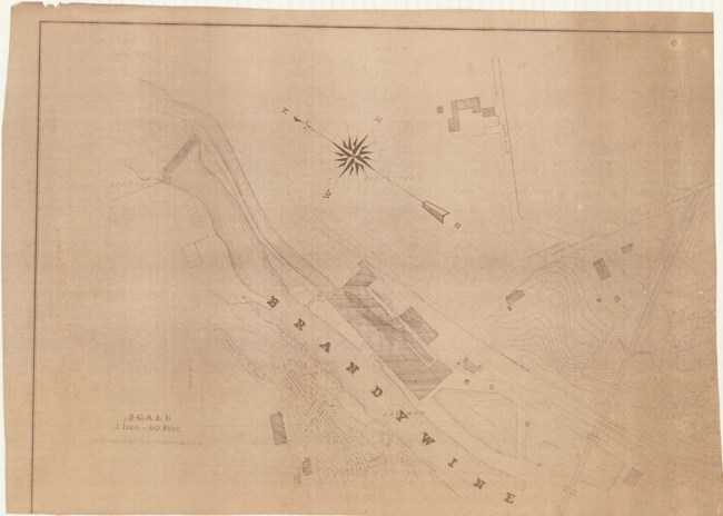 Plan for park, with Brandywine Creek cutting through the middle, and topographical lines on either side, as well as a building on one side