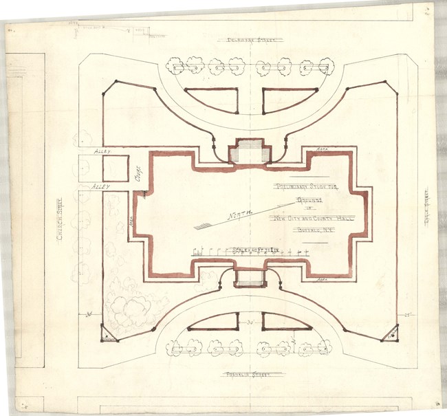 Pencil drawing of symmetrical building in square enclosed by roads with line of trees on top and bottom by street.