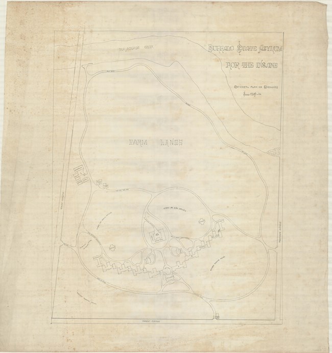 Pencil drawing of Buffalo Asylum, with circular drives. There are lots of open green space, with a lot of the buildings put together