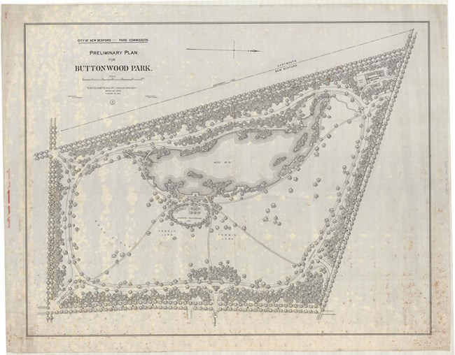 Pencil drawing of triangular park filled with trees around the edge, a large body of water with an open lawn leading up to the water.