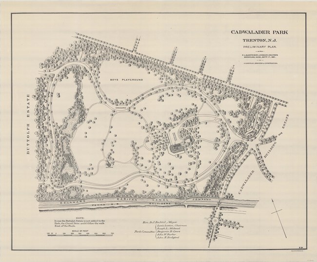 Pencil drawing of park plan in triangular shape with edges of park lined with trees, and open space with many curving lines with some trees.