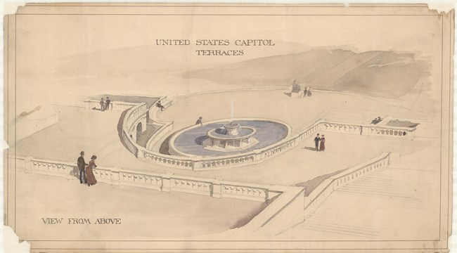 Colored pencil sketch of United States Capitol terraces with fountain in the center and couples together on different levels of the terrace
