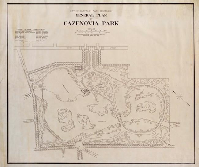 Pencil drawing of square park with winding paths going through it, some open space, and many trees