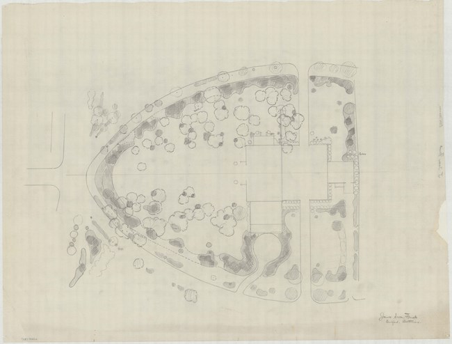 Pencil drawing of road creating semi-circle with large home in middle, with trees planted on the edges but not in front.