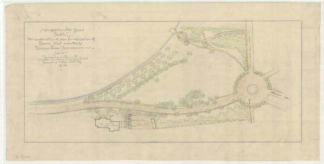 Pencil drawing of several roads lined with trees, some buildings, and a circular drive surrounded by trees