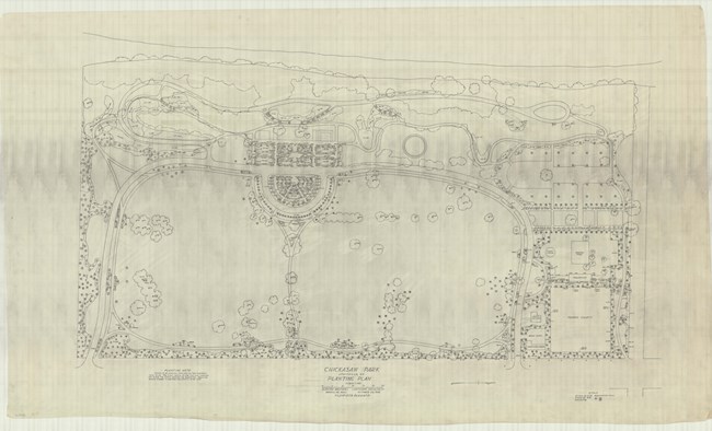 Pencil drawing of squiggly rectangular park with buildings on the edges, curving paths, and a large open space in the middle.
