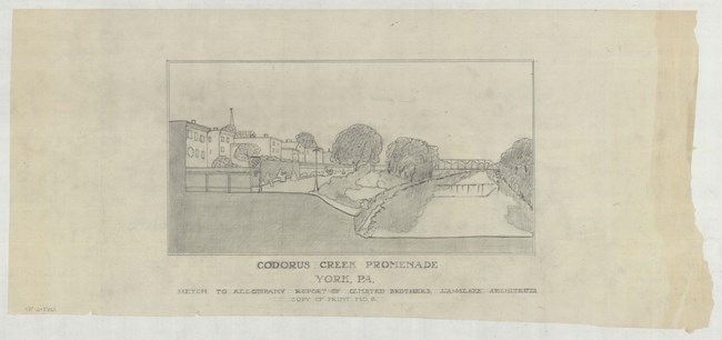 Pencil drawing of body of water lined with trees on both sides with bridge going over water. There are buildings on one side of the water.