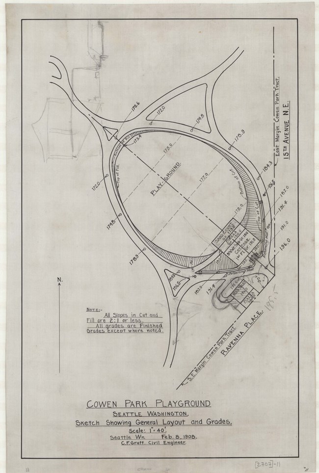 Pencil drawing of circular park with roads around it with most of the circle being used as a playground, and a building by the street.