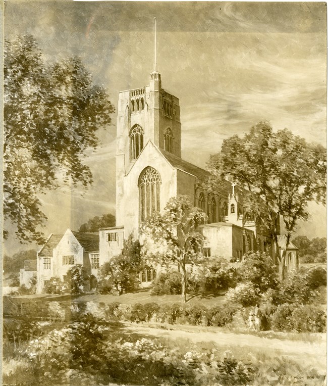 Pencil drawing of church rising high above foliage around it, with some grassy area in between the plantings.
